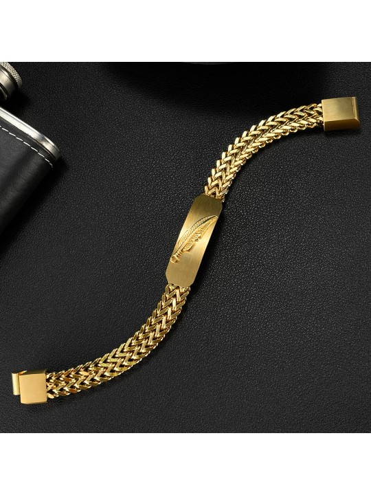 UN Jewelry European and American Vintage Punk Style Personalized Fashion Stainless Steel Design Sense Feather Gold Plated Bracelet