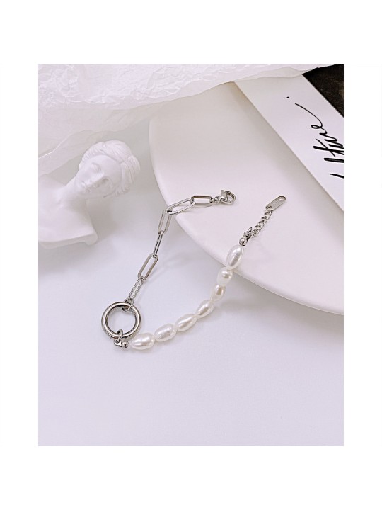 UN Jewelry Korean Edition Personalized Simple Freshwater Pearl Splice Chain Ring Stainless Steel Bracelet for Women