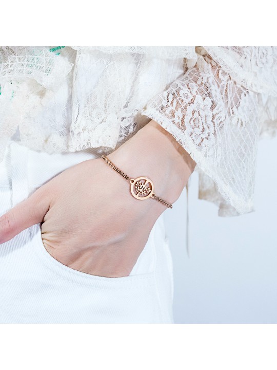 Amazon Titanium Steel Rose Gold Plated Women's Bracelet with Hollow Life Tree Bracelet Adjustable Pulling Bracelet