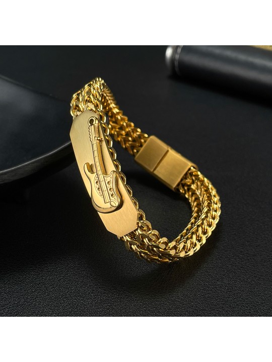 UN Jewelry Europe and America Cross border Fashion Retro Stainless Steel Design Sense 3D Guitar Gold Plated Men's Bracelet