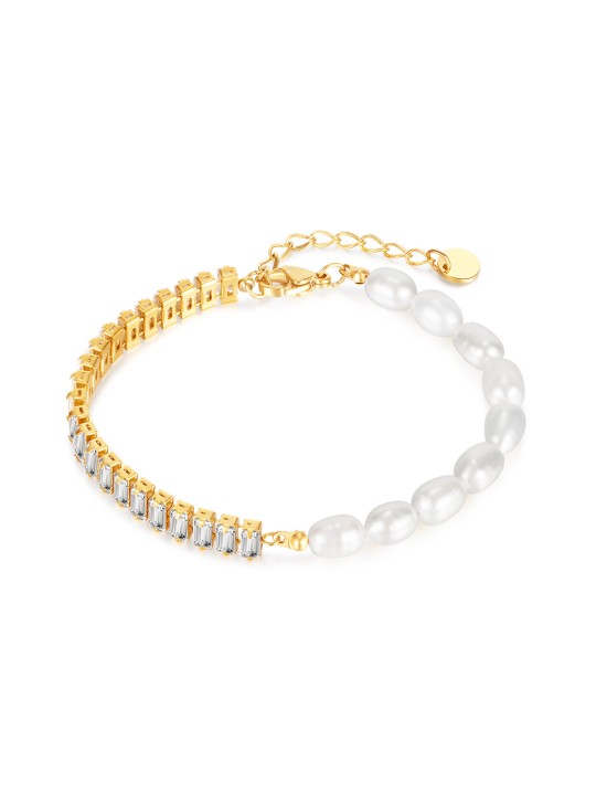 UN Jewelry Instagram, niche, light luxury, high-end natural freshwater pearl splicing chain with zircon stainless steel bracelet