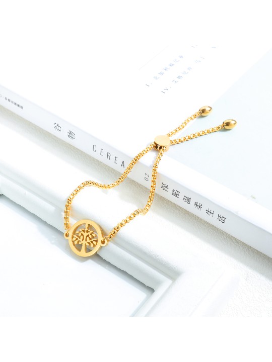 Amazon Titanium Steel Rose Gold Plated Women's Bracelet with Hollow Life Tree Bracelet Adjustable Pulling Bracelet