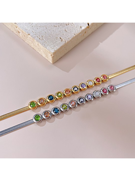 UN Jewelry Europe and America Simple Titanium Steel Colored Zircon Handicraft Women's Stainless Steel Flat Edge Chain Bracelet